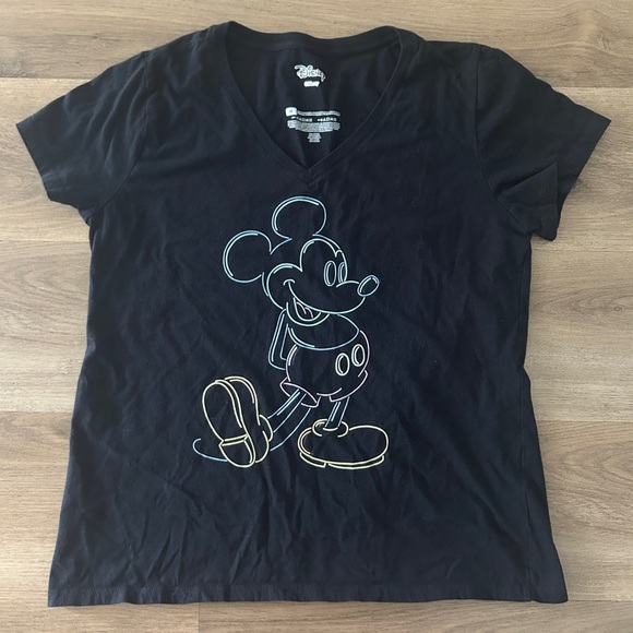 Disney Mickey Mouse Neon Outline Woman’s V-Neck T-Shirt – Size Medium- EUC - Picture 1 of 6